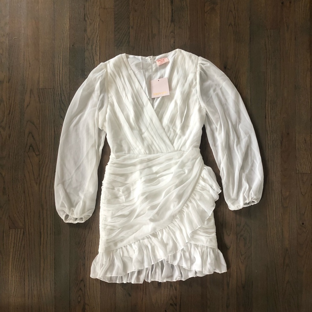 SHOWPO CAN I BE YOUR HONEY PLUNGE BALLOON SLEEVE MINI DRESS IN WHITE